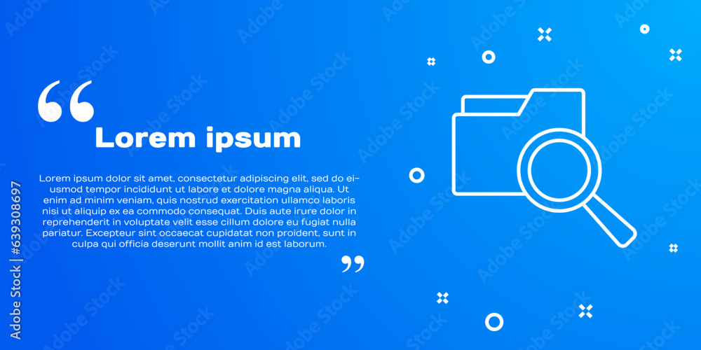 Poster white line search concept with folder icon isolated on blue background. magnifying glass and documen