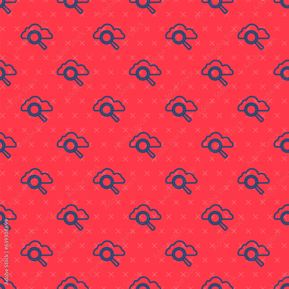 Poster blue line search cloud computing icon isolated seamless pattern on red background. magnifying glass 