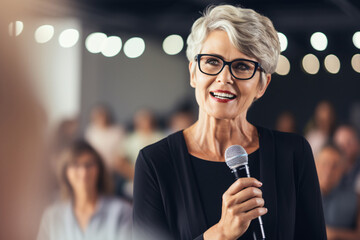 Mature businesswoman speaker speaking to young people. Senior woman in glasses teaching audience or training seminar. Female business leader talking or meeting. Happy retired woman.