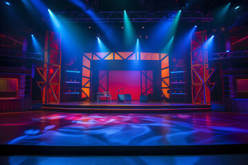 Theater stage light background with spotlight illuminated the stage for opera performance. Stage lighting. Empty stage with bright colors backdrop decoration. Entertainment show. - obrazy, fototapety, plakaty