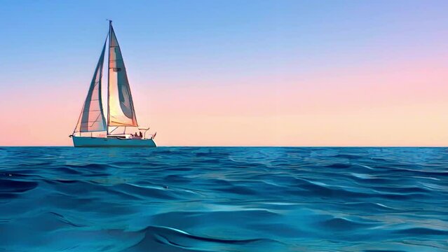 Cartoon animation of small yacht boat sailing at sunset. Sailboat on the left