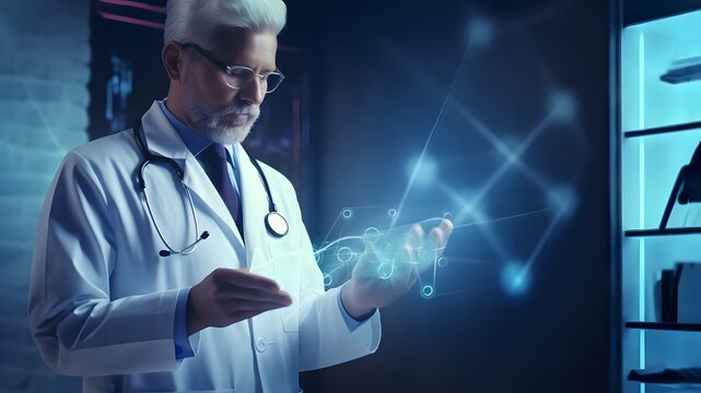 Medicine doctor with stethoscope touching icon on modern medical interface, holographic, futuristic medicine technology concept