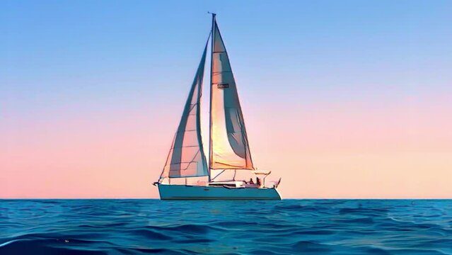Cartoon animation of sailing sailboat at sunset or sunrise