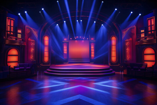 Theater stage light background with spotlight illuminated the stage for opera performance. Stage lighting. Empty stage with bright colors backdrop decoration. Entertainment show.