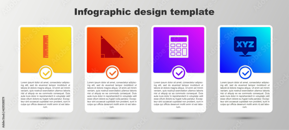 Poster set ruler, triangle math, calculator and xyz coordinate system. business infographic template. vecto