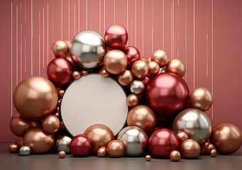 red christmas balls with ribbon, gold, brown and silver balloons