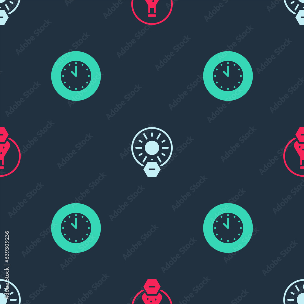 Poster set test tube and flask, no direct sunlight and clock on seamless pattern. vector