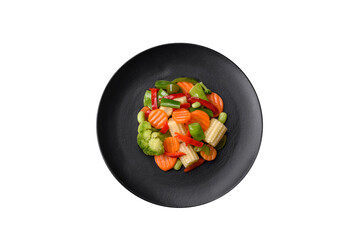 Delicious juicy broccoli vegetables, carrots, asparagus beans and bell peppers