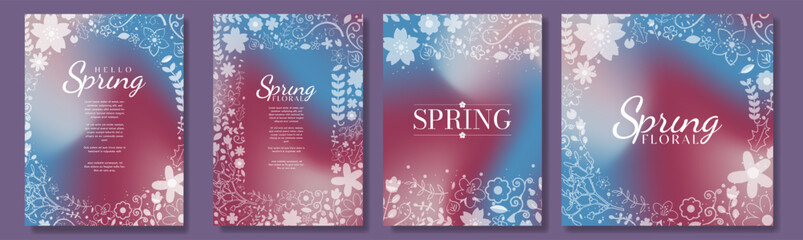 Floral Spring Design Templates on colorful gradient backgrounds. Flower spring time design, soft white elements. Poster, Banner, Card, a4 letter. Editable Vector Illustration. EPS 10.
