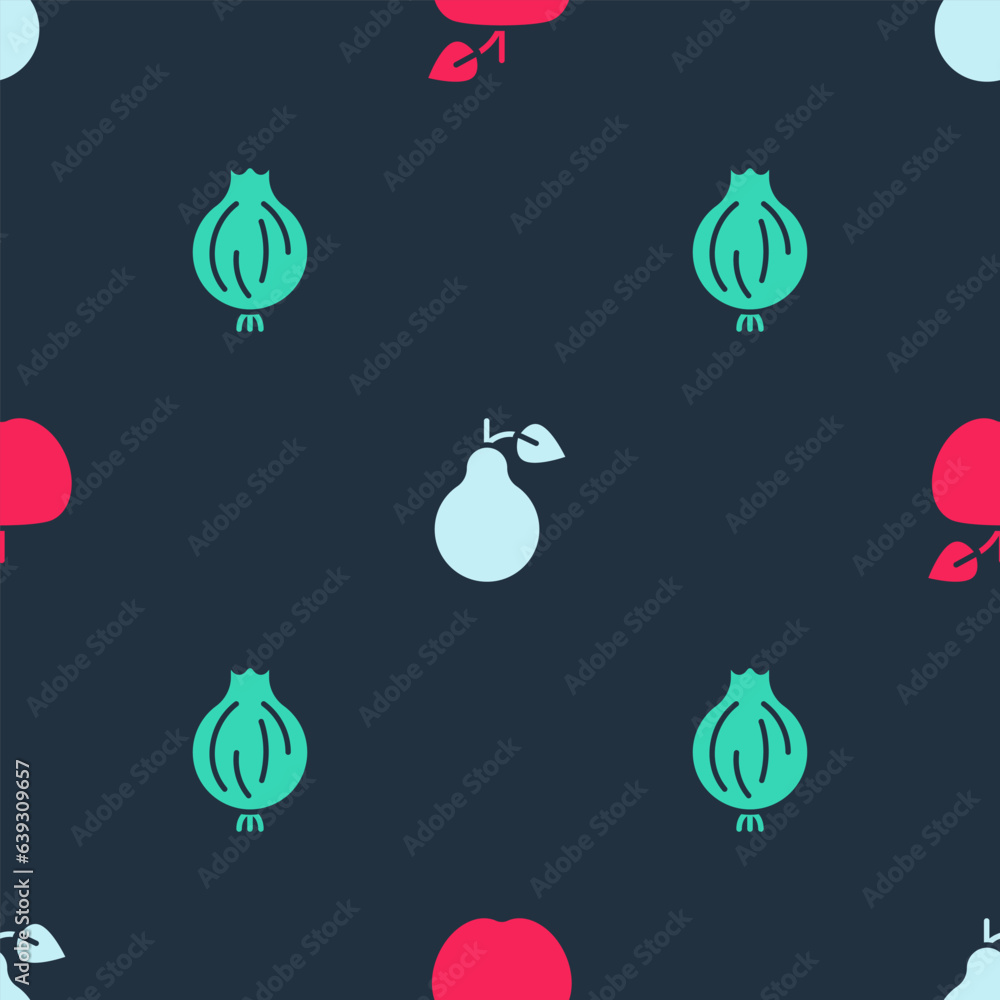 Poster set apple, pear and garlic on seamless pattern. vector