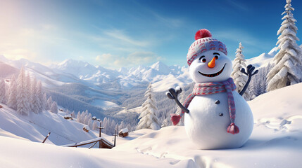 Obraz premium Frosty Fun: 3D Snowman and Women Embrace Winter at Ski Resort