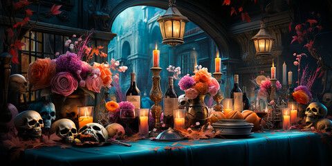 illustration of festive luxury Halloween table with skulls, flowers, drinks, pumpkins