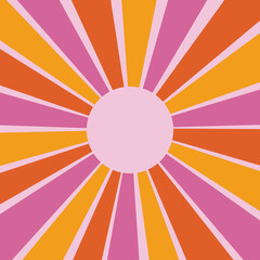 Let the sunshine in retro style illustration with colorful (orange, yellow, pink) sun rays on pastel pink background for summer lovers - 639310046