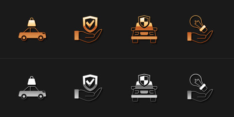 Set Car insurance, Shield hand, and Light bulb icon. Vector