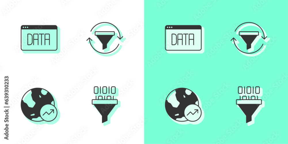 Poster set binary code, data analysis, financial growth and sales funnel with chart icon. vector