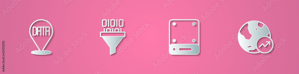 Poster set paper cut data analysis, binary code, server and financial growth icon. paper art style. vector