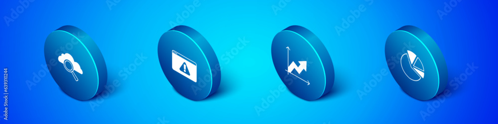 Poster set isometric search cloud computing, financial growth, pie chart infographic and browser with excla