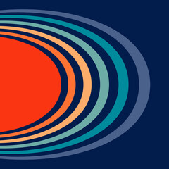 Abstract illustration of retro style solar eclipse design in red, orange, pastel orange, turquoise, blue, dark blue colors on navy blue background - 639310235