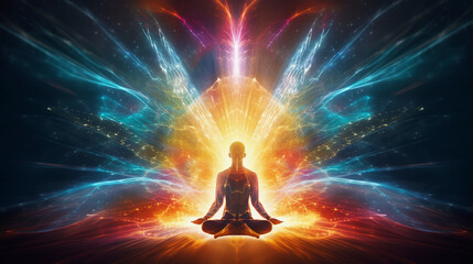 Energetic Contemplation: Vibrant Beams Surrounding Meditation