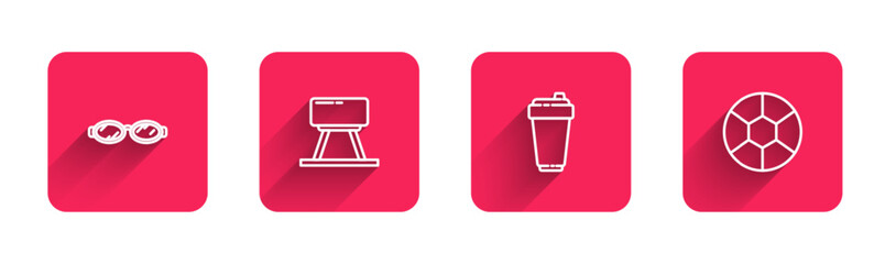 Set line Glasses for swimming, Pommel horse, Fitness shaker and Football ball with long shadow. Red square button. Vector