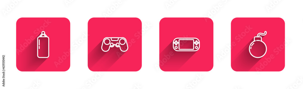 Poster set line punching bag, gamepad, portable video game console and bomb ready to explode with long shad