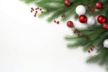 Christmas decoration with fir branches and baubles on a white background with copy space. AI generated