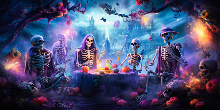 illustration of skeletons which sitting at festive table and celebrating Halloween. Halloween party