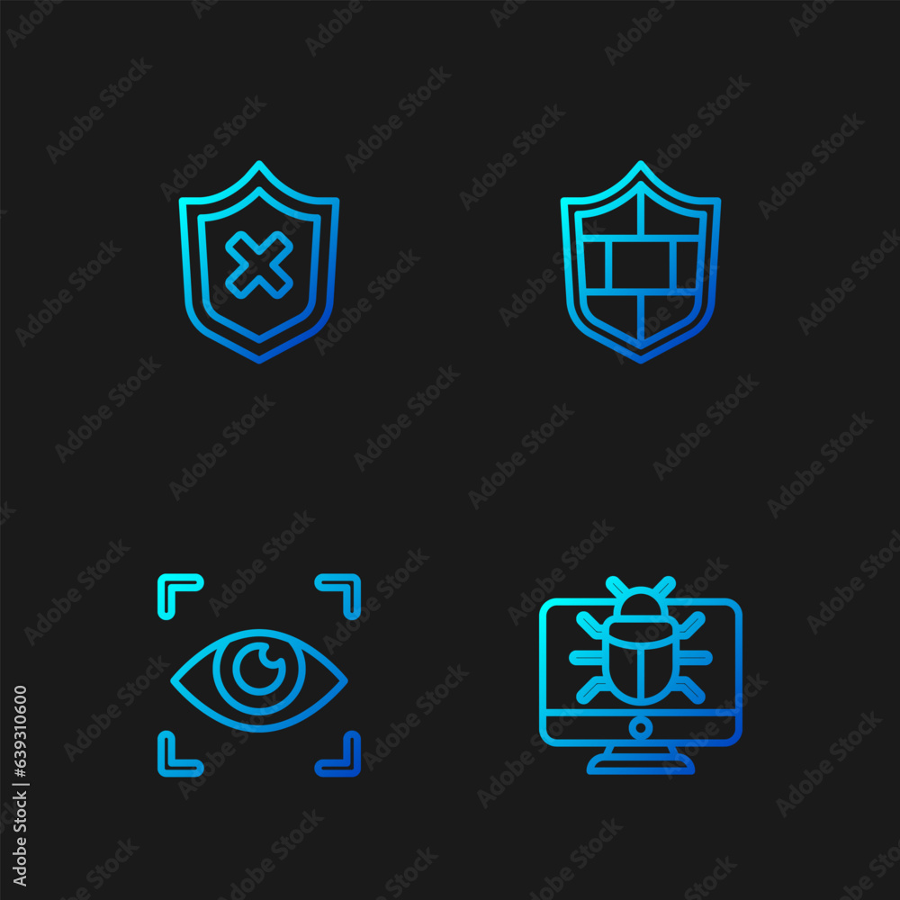 Poster set line system bug on monitor, eye scan, shield with cross mark and brick wall. gradient color icon