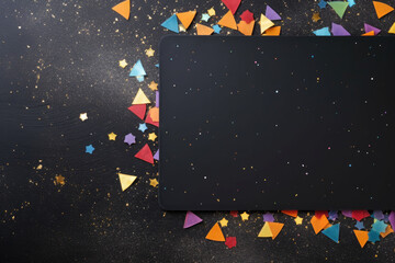 Black board, decorations and confetti on black background. AI generated