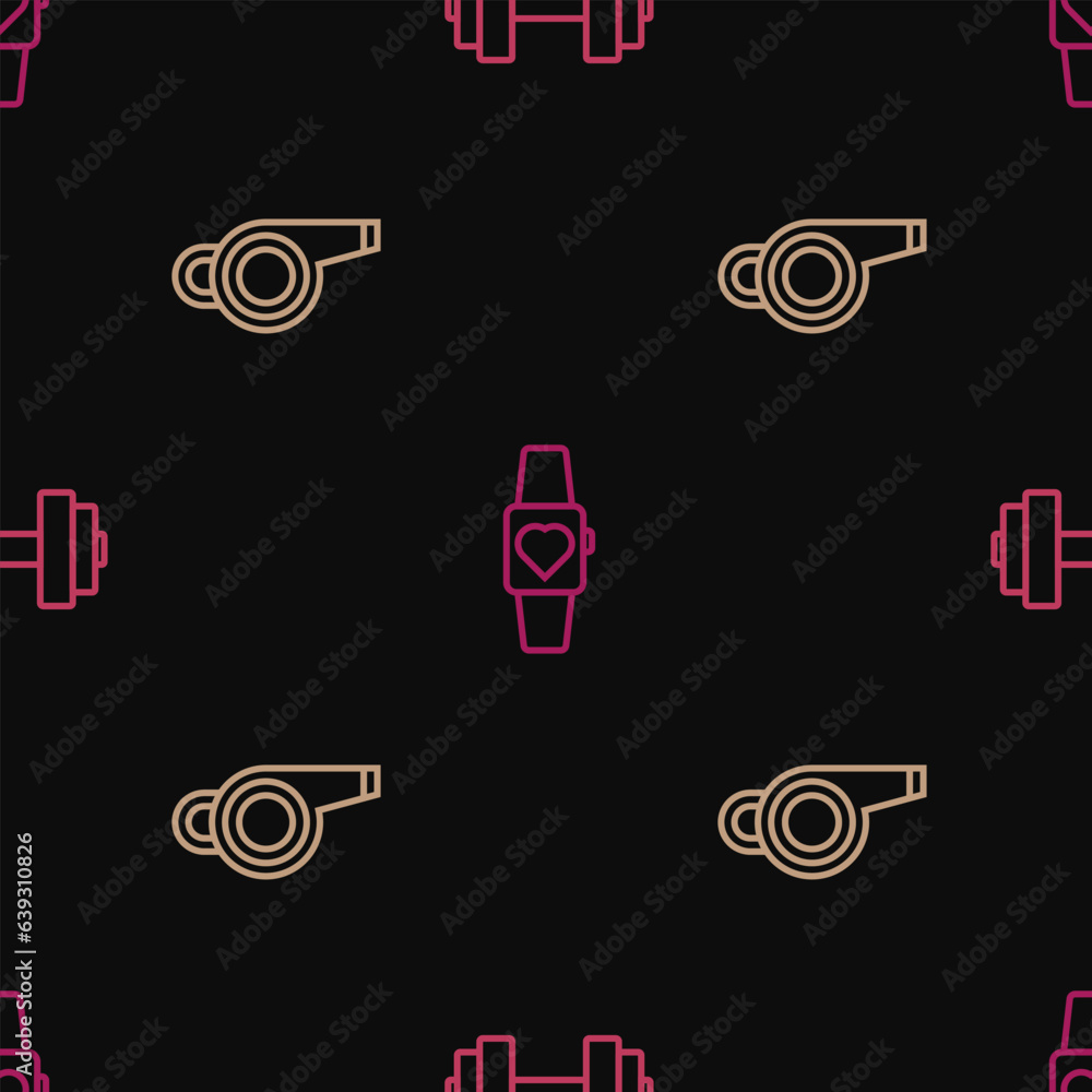 Poster set line dumbbell, whistle and smartwatch on seamless pattern. vector