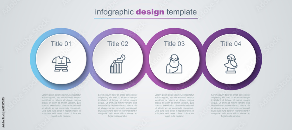 Sticker Set line Body armor, Broken ancient column, Socrates and Ancient bust sculpture. Business infographic template. Vector