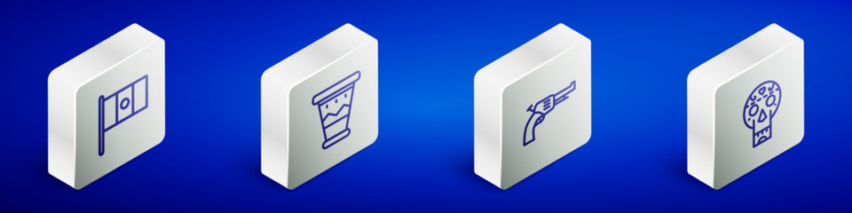 Set Isometric line Mexico flag, Mexican drum, Revolver gun and skull icon. Vector