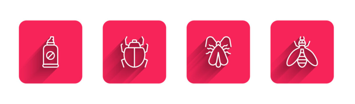 Set line Spray against insects, Mite, Clothes moth and Bee with long shadow. Red square button. Vector