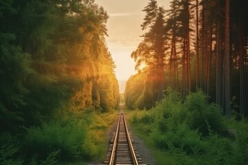 Forest trees along a railroad on an summer sunset.