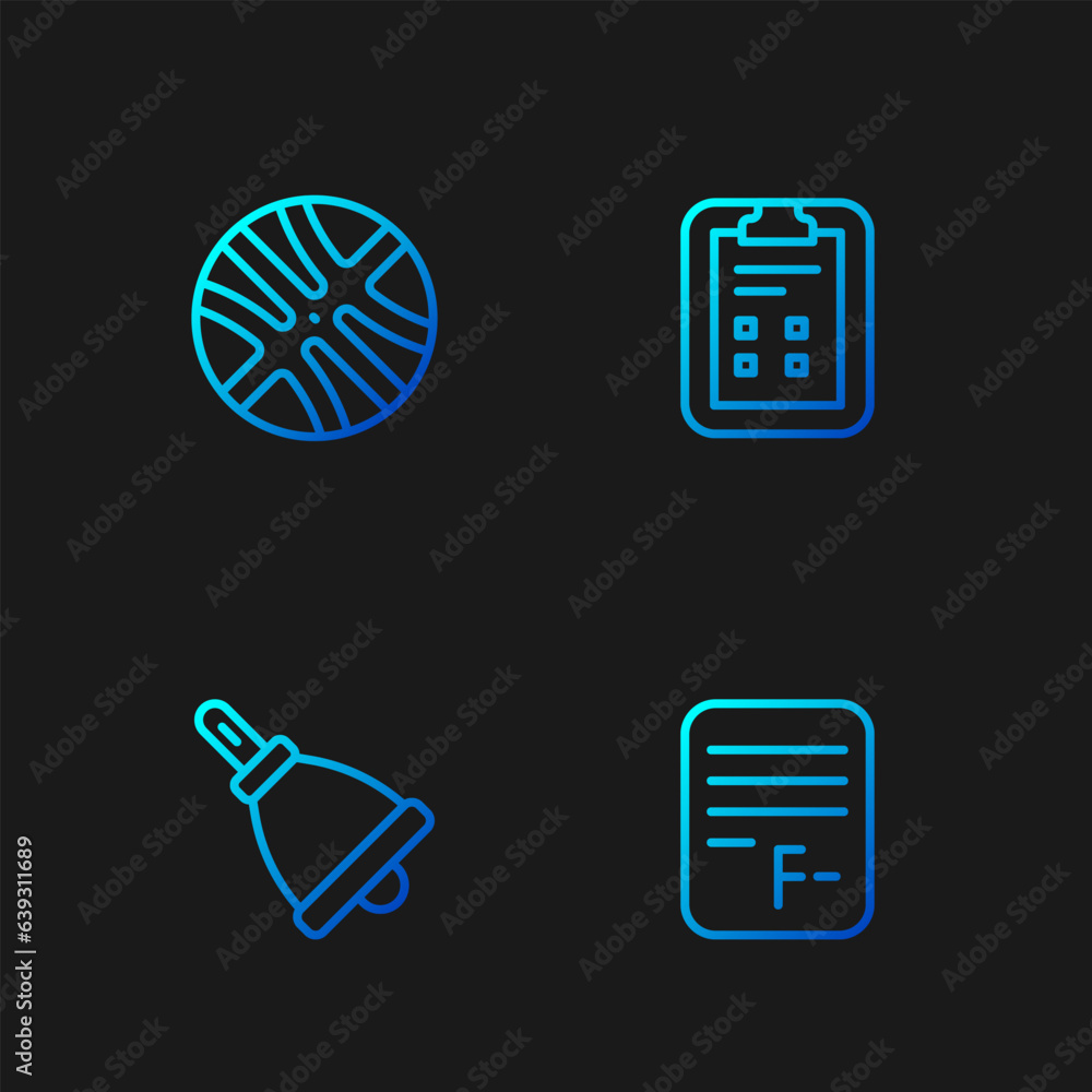 Poster set line exam paper with incorrect answers, ringing bell, basketball ball and sheet check mark. grad