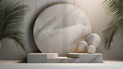 Round marble podium and palm leaf, Abstract minimal geometric background, Aesthetic summer dais and shadows on the wall, 3D Modern design for product showcase, studio lighting, AI generated.