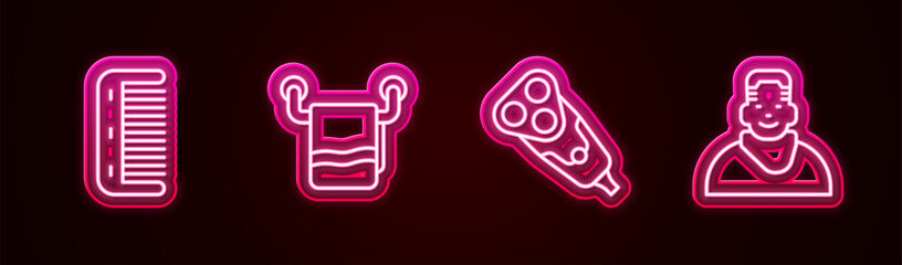 Set line Hairbrush, Towel on hanger, Electric razor blade and Client in barbershop. Glowing neon icon. Vector