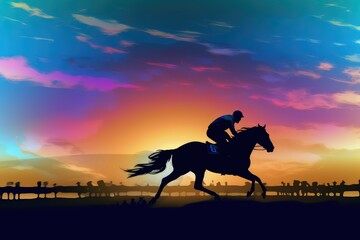 Horse racing at sunset.