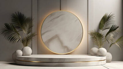 Fototapeta na wymiar Round marble podium and palm leaf, Abstract minimal geometric background, Aesthetic summer dais and shadows on the wall, 3D Modern design for product showcase, studio lighting, AI generated.