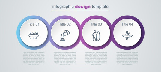 Set line Canoe rowing team sports, Kitesurfing, Surfboard and Kayak and paddle. Business infographic template. Vector