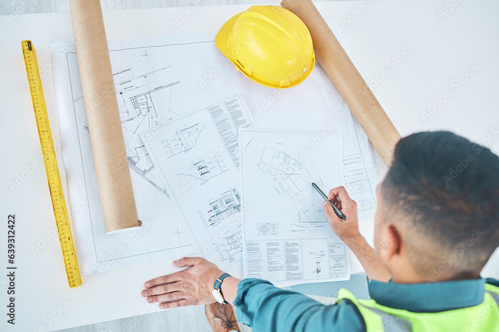 Poster blueprint, top view architect and planning man, engineer or developer reading floor plan of property