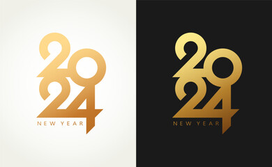 2024 Happy New Year gold logo text design on black background and white background - obrazy, fototapety, plakaty