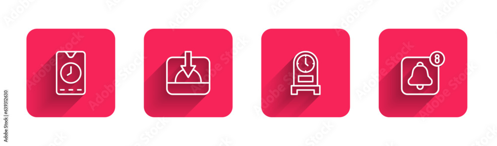 Poster set line alarm clock app mobile, sunset, antique and with long shadow. red square button. vector
