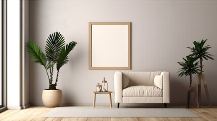 Room interior with blank photo frame on wall 