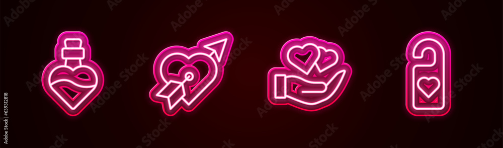 Sticker Set line Bottle with love potion, Amour heart and arrow, Heart in hand and Please do not disturb. Glowing neon icon. Vector