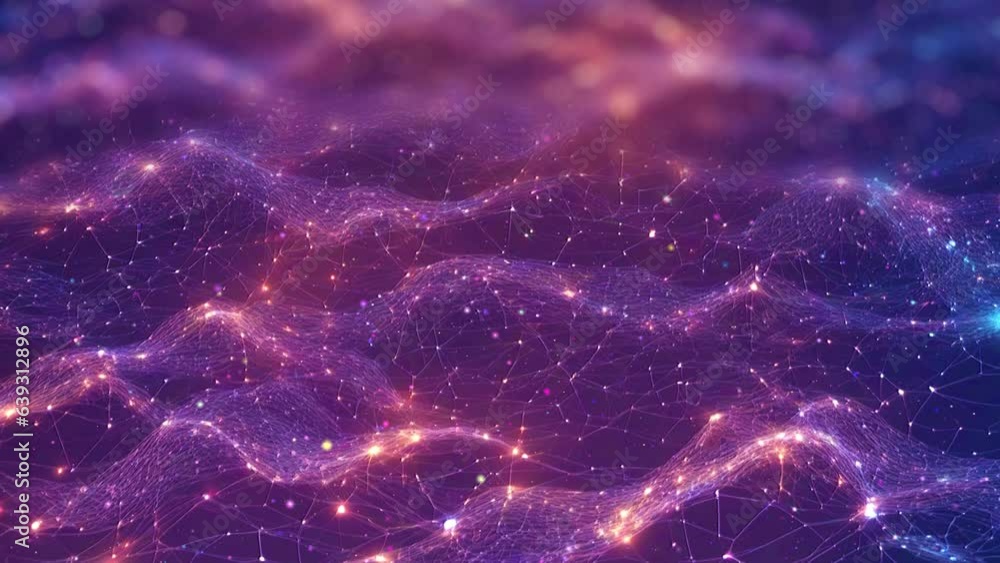 Aufkleber cyber or technology background with abstract mesh, sparkling wave particles, and glowing red dots