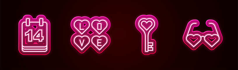 Set line Calendar with February 14, Love text, Key in heart shape and Heart shaped love glasses. Glowing neon icon. Vector