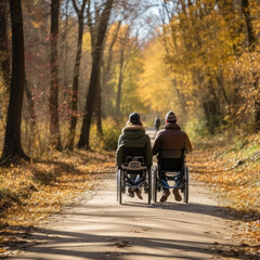 People walking and in wheelchairs in the forest