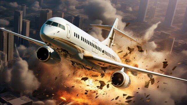 A private jet crashed in the sunset light over the city. Modern and fastest mode of transport, business life