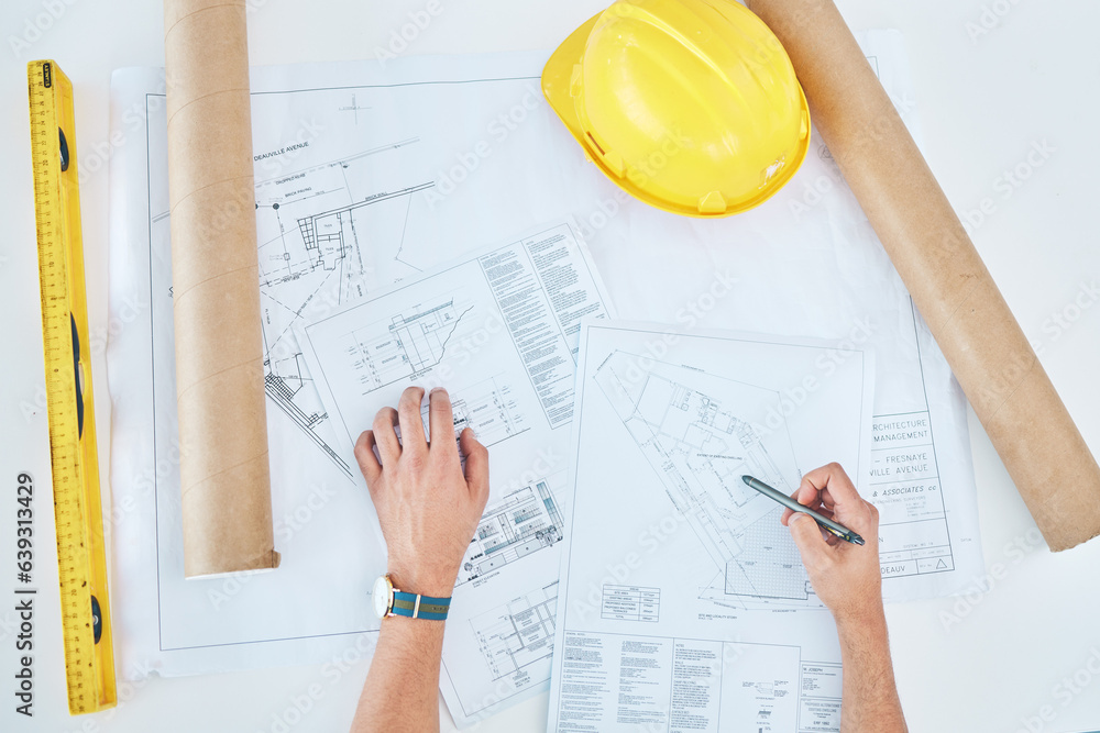 Poster Hands, above and a blueprint on a table for architecture, construction design or planning. Creative, logistics sketch and a contractor or builder with a drawing for infrastructure idea on paper